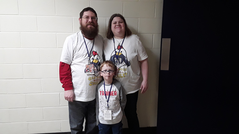 Our shirts say “Service with a Smile!” with the Legendary Yamada Tae (best girl) on them, while my son’s says “Pokemon Trainer”